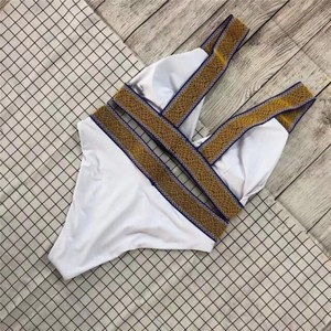 Women's Light Blue Bikini Set <b>Crossed</b> Halter <b>Top</b> High Waist Bottom Contrast Binding Spandex Polyester Stretch Swimwear - Product Image 3