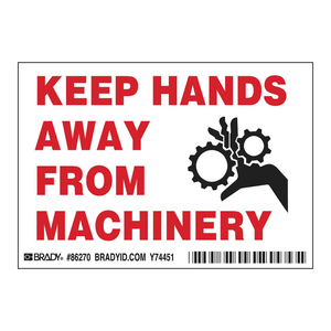 Etiquetas de advertencia Brady para mantener las manos lejos de la maquinaria, autoadhesivas para seguridad industrial - Product Image 1