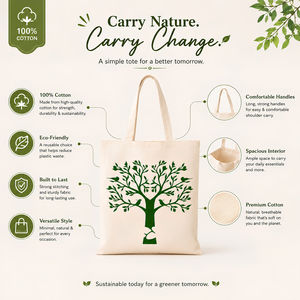Eco Friendly Cotton Canvas Tote <b>Bag</b> with <b>Tree</b> Print | Reusable Shopping Grocery Beach Travel Carryall Handbag Durable Stylish - Product Image 5