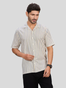 เสื้อเชิ้ตแขนสั้นลายทางผู้ชาย ผ้าฝ้ายลำลอง ปกคอพับ ระบายอากาศดี สไตล์ป๊อปลิน สำหรับฤดูร้อน - Product Image 1