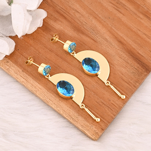 Boucles d'oreilles pendantes en laiton plaqué or avec topaze bleue hydrogénée, bijoux faits à la main, tendance - Product Image 3