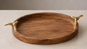 Wholesale Luxury Hardware <b>Wooden</b> Serving Tray Dark Mango Wood <b>Round</b> Platter Featuring Brass Finish Grips - Product Image 4