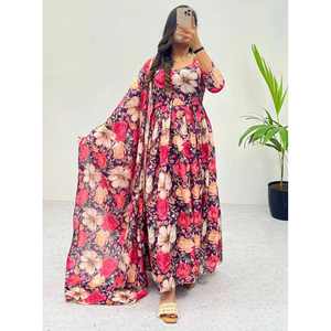 DISEÑADOR CHINON ESTAMPADO CON LACE TRABAJO VESTIDO CON DUPATTA WINE - Product Image 1