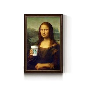 有名な絵画のクリエイティブパロディー面白いキャンバスウォールアートモナリザカップ付きキッチンカフェバー壁装飾 - Product Image 3