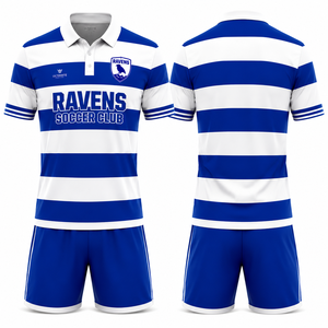 Uniforme de Fútbol Personalizado al por Mayor, Camiseta de Fútbol Sublimada con Cuello Redondo y Franjas, Parte Delantera Corta y Transpirable, Uniforme Deportivo para Adultos - Product Image 1