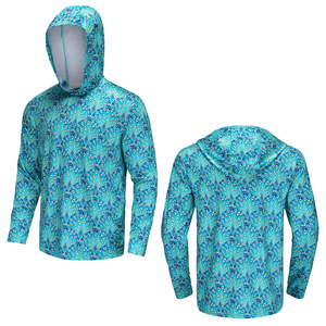 Chemise de pêche unisexe à capuche imprimé paon bleu 100 % polyester UPF 50 anti-UV respirante pull-over avec logo personnalisé sur le devant pour l'extérieur - Product Image 1