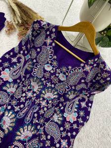 <b>Women</b> Traditional Blue Embroidered Floor-Length <b>Kurta</b> Set With Dupatta <b>For</b> Wedding India Pakistan Style - Product Image 6