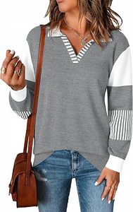 Suéteres holgados de manga larga con cuello en V, suéteres de punto a rayas con bloques de color, tops tipo jersey - Product Image 6