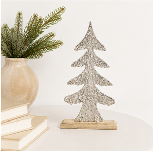 Textured Silver Aluminum Christmas <b>Tree</b> Sculpture on Natural Wood Base Modern <b>Tabletop</b> Xmas Decoration For Festive Home & Office - Product Image 2