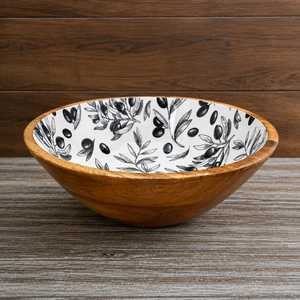 Natural Wood Serving Bowl with Artistic Olive Print for Salad and for Leaf Artwork for Home Decoration - Product Image 1