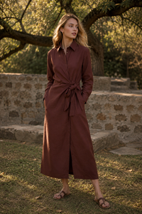 Robe chemise 100% coton à manches longues, avec nœud à nouer sur le devant, col à revers, robe midi vintage, toutes saisons, couleur unie, robe moderne avec poches - Product Image 6