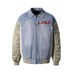 Chaqueta Bomber de Mezclilla para Hombre, Cuello Camisero, Cierre de Cremallera, Estilo Casual, Bloques de Color, Logotipo Bordado en la Parte Delantera, Ropa de Otoño - Product Image 1