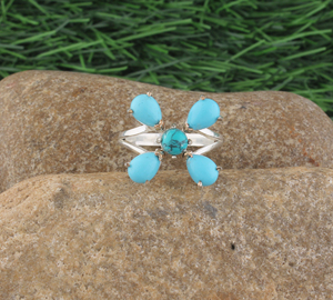 Handmade 925 Sterling Silver Classic Natural <b>Turquoise</b> Flower Cluster Bezel Setting Multi Stone Teardrop Gemstone <b>Ring</b> Women - Product Image 5