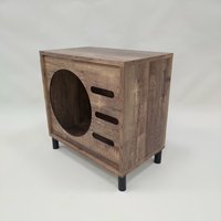 Maison pour chat multifonctionnelle en bois et métal, en forme de tronc d'arbre, avec bac à litière intime, rangement et griffoir intégré, naturel et noir