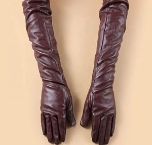 ถุงมือหนังสีแดงเบอร์กันดีแบบยาวสำหรับผู้หญิง ถุงมือกันหนาวแบบเรียบง่ายไม่มีซับในสำหรับฤดูหนาว - Product Image 2