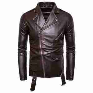 <b>Men's</b> <b>Red</b> PU <b>Leather</b> Moto <b>Jacket</b> With Zipper Closure Turn-down Collar Regular Fit Autumn Wear - Product Image 4