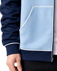 เสื้อฮู้ดซิปผู้ชายสีกรมท่าและฟ้า ตัดกันเป็นสองสี ผ้าฝ้ายฟลีซเนื้อนุ่ม สไตล์ลำลอง สตรีทแวร์ เสื้อแจ็คเก็ตฤดูหนาว ผลิตตามสั่งจากโรงงาน - Product Image 5