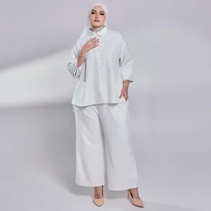 Women Drop Shoulder Shirt <b>White</b> OEM Malaysia Manufacturer High-<b>Low</b> <b>Cut</b> Modest Blouse Side Slit Button Opening <b>Top</b> Wear - Product Image 3