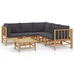 Set Lounge da Giardino in Bambù per 6 Persone, Arredamento da Esterno Stile Tropicale, Struttura in Legno Massello, Cuscini Grigio Scuro - Product Image 2