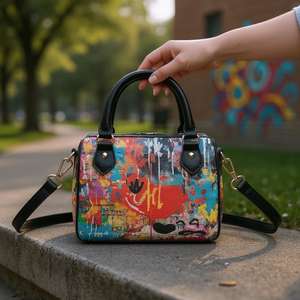 Sac de bowling pour femme en cuir PU imprimé, sac à bandoulière tendance avec deux poignées, fermeture éclair, sac à main pour usage quotidien - Product Image 3