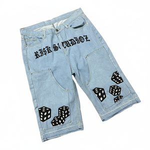 Men’s Light Blue Denim Shorts <b>Dice</b> Print Graphic Streetwear Casual Summer Hip Hop demin Jean Shorts for women - Product Image 1