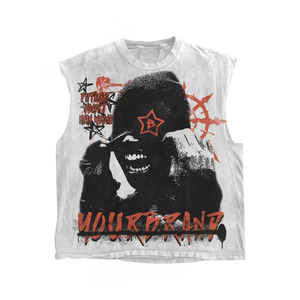 Nouveau T-shirt sans manches imprimé streetwear personnalisé, style athlétique vieilli, effet délavé vintage - Product Image 6