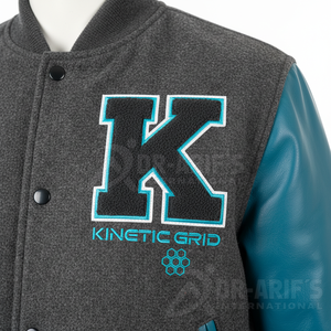 Veste varsity noire et turquoise pour homme, manches en cuir, logo brodé sur le devant, coupe classique, style décontracté d'automne - Product Image 3