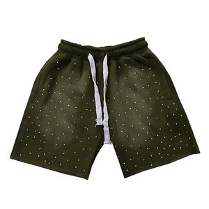Shorts en coton molletonné 100% pour hommes, avec strass, motif uni, anti-plis, pour la gym, le fitness, la plage, shorts personnalisés effet délavé soleil pour hommes - Product Image 1