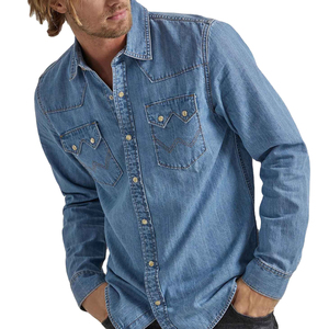 Camisa de Mezclilla para Hombre, Manga Larga, Color Sólido, Cierre de Botones, Cuello Clásico, Corte Regular, Estilo Casual, Tela de Algodón Lavado - Product Image 4