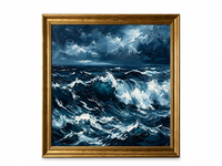 Peinture à l'huile à texture épaisse, vagues bruyantes, paysage marin bleu marine, peint à la main, toile, décoration murale pour salon