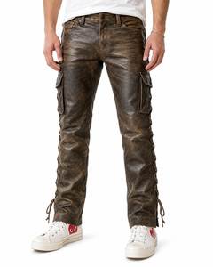 Pantalones de cuero desgastado estilo motociclista, corte ajustado, cintura media, longitud completa con detalles de cordones laterales - Product Image 4