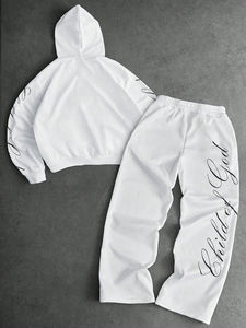 Conjunto Casual de Sudadera con Capucha y Pantalones Deportivos para Hombre, Otoño, con Estampado de Letras, Conjunto de 2 Piezas Blanco, Conjunto Deportivo para Hombre - Product Image 3