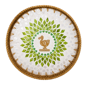 Elegante Bandeja Decorativa Redonda Verde de Ratán con Mosaico de Madreperla de Dodo de Mauricio para Mesa de Comedor, Venta al por Mayor - Product Image 1