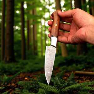 Cuchillo de caza y camping mini hecho a mano con mango de madera, logotipo personalizado OEM, funda de cuero, hoja recta de acero de Damasco - Product Image 2