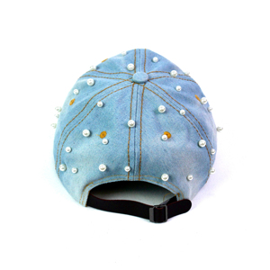 Casquette de baseball en denim sergé bleu clair délavé avec clous perlés et fleurs brodées, tissu courant, unisexe - Product Image 2
