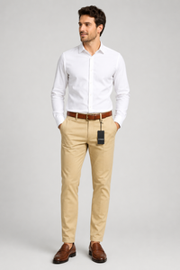 Force 2 Win Men's Khaki Chino Pants <b>Canvas</b> Fabric Straight Fit Mid Waist Smart Casual Breathable Lightweight Quick Dry Button - Product Image 1