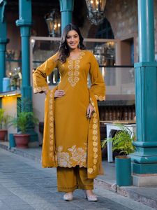 Ensemble Salwar Kameez brodé moutarde pour femme, Kurta à manches longues, pantalon Palazzo, Shawwarah pour fête et mariage - Product Image 3