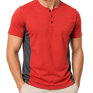 Camiseta de hombre con logotipo personalizado OEM, de alta calidad, con paneles laterales en contraste, de dos tonos, con cuello abotonado, informal, roja y gris. - Product Image 2
