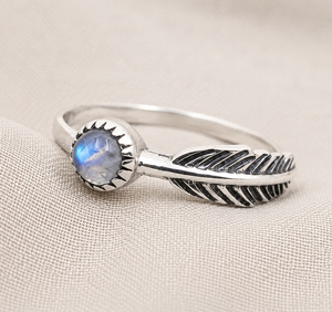 Anillo de Plata de Ley 925 con Piedra Lunar Arcoíris de 6mm, Corte Redondo, Engaste de Garras, Estilo Bohemia con Hoja, para Uso Diario Unisex - Product Image 2