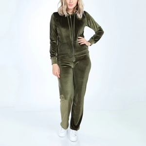 Ensemble de survêtement en velours pour femme, couleur unie, à capuche, manches longues, fermeture éclair sur le devant, décontracté, grande taille, pantalon en velours vert - Product Image 1