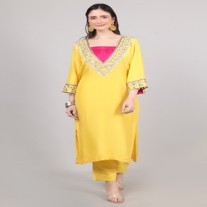 Graceful Designer Style Women’s Kurta Pant <b>set</b> Yellow Pink <b>colour</b> With Cut dana Beads & Sequence work - Product Image 3