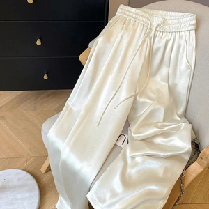 Women's Satin Wide Leg Pants Mid Waist Drawstring Loose Fit Full Length Solid Color Casual <b>Summer</b> <b>Trousers</b> - Product Image 2