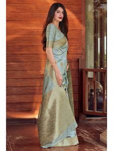 Katan New Saree Latest Designer Party Wear Wedding Ladies Women Wear BANARASI SILK GOLDEN BORDER SAREE WITH UNSTICTH 69413 - Product Image 5