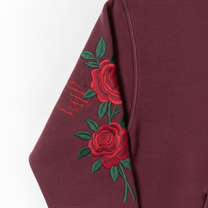 Sudadera con capucha para hombre, color borgoña, con bordado floral de rosas, estilo desgastado, informal, con bolsillos, para otoño. - Product Image 5
