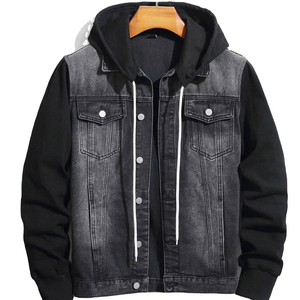 <b>Men's</b> Black Denim <b>Jacket</b> Hood Regular Fit Button <b>Fly</b> Casual Style Solid Pattern Breathable Eco-Friendly Polyester Cotton Fabric - Product Image 1