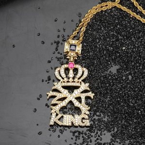 Collier pendentif couronne plaqué or avec micro-pavé de zircon, chaîne corde, bijoux hip-hop pour soirée - Product Image 3