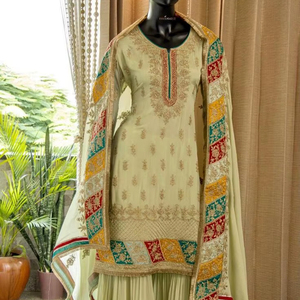 Traje indio Bollywood étnico cosido a mano, kameez de seda chinon con bordado elaborado, traje sharara salwar/traje palazzo para mujer, para invierno y verano. - Product Image 2