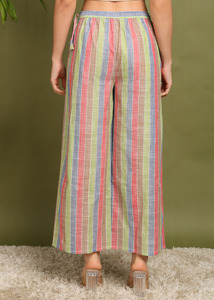 Pantalon palazzo en coton Khadi rayé multicolore, taille élastique, coupe ample, pantalon décontracté pour femmes, tissé à la main - Product Image 6