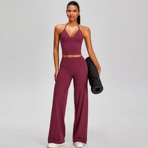 Conjunto OEM personalizado de 2 piezas para mujer: Top corto de un solo hombro o sin hombros y pantalones de cintura alta de pierna ancha con control de abdomen y antibacterianos - Product Image 4