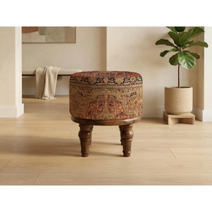 Bohemian Round Fabric <b>Pouf</b> With Intricate Pattern Wooden Legs Living Room Decor - Product Image 1